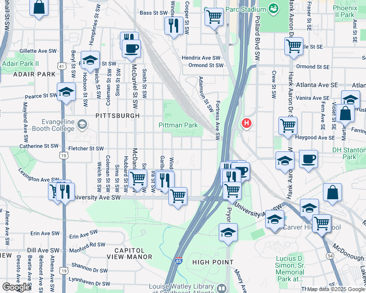 map of restaurants, bars, coffee shops, grocery stores, and more near 287 Fletcher Street Southwest in Atlanta