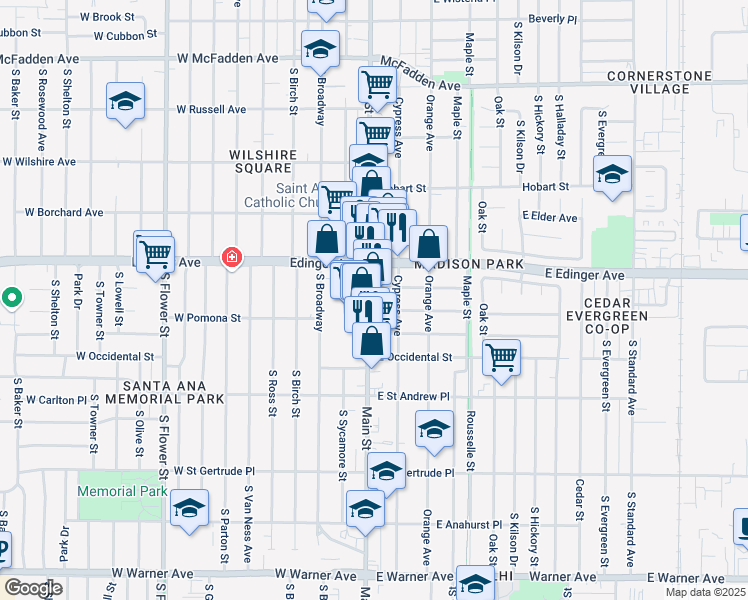map of restaurants, bars, coffee shops, grocery stores, and more near 118 East Stanford Street in Santa Ana