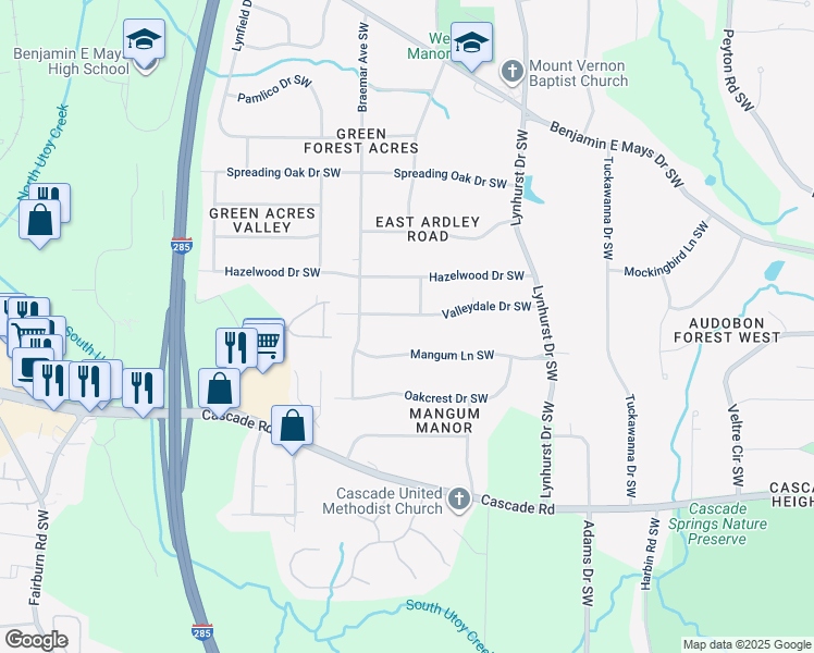 map of restaurants, bars, coffee shops, grocery stores, and more near 3216 Valleydale Drive Southwest in Atlanta