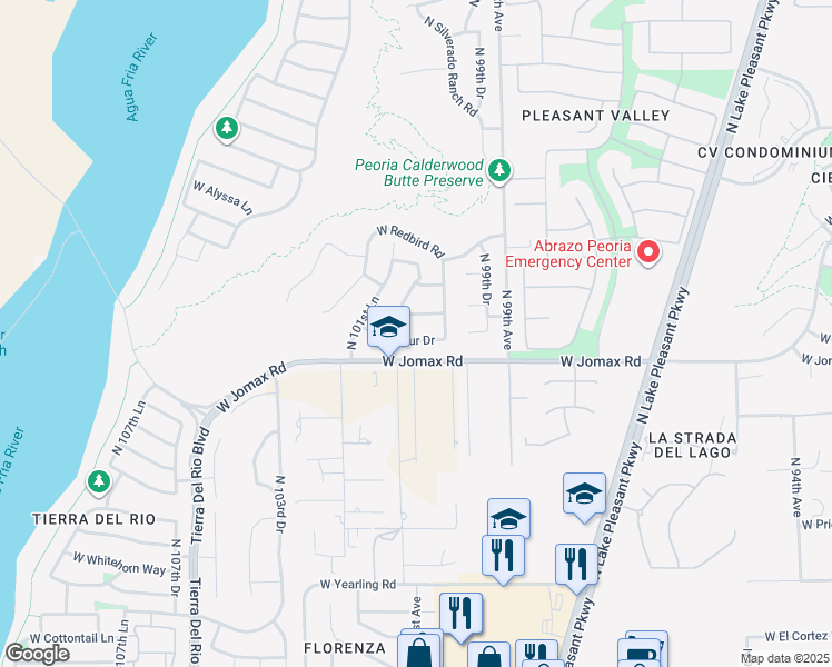 map of restaurants, bars, coffee shops, grocery stores, and more near 10052 West Spur Drive in Peoria