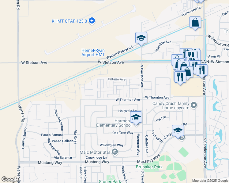 map of restaurants, bars, coffee shops, grocery stores, and more near 1295 South Cawston Avenue in Hemet