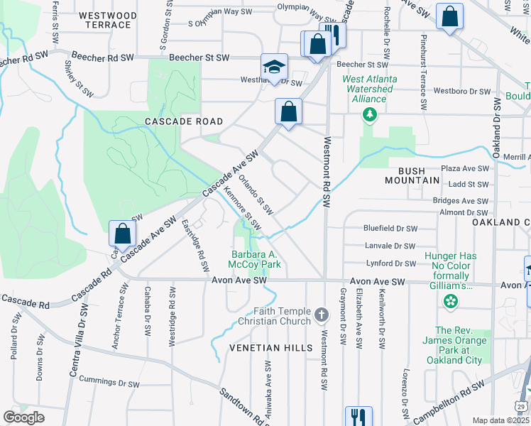 map of restaurants, bars, coffee shops, grocery stores, and more near 1620 Orlando Street Southwest in Atlanta