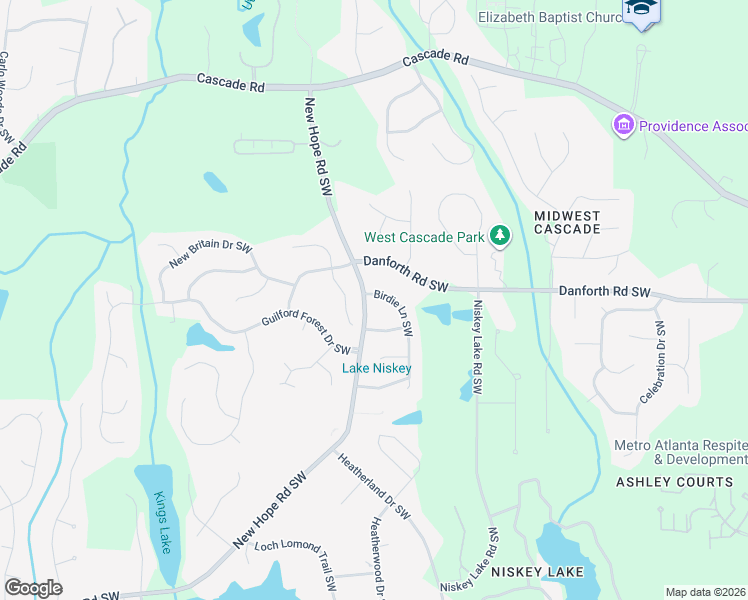 map of restaurants, bars, coffee shops, grocery stores, and more near 1050 New Hope Road Southwest in Atlanta