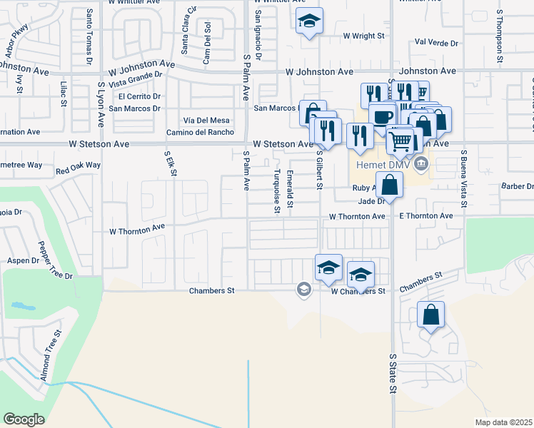 map of restaurants, bars, coffee shops, grocery stores, and more near 798 West Thornton Avenue in Hemet