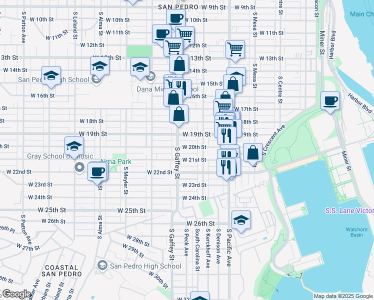 map of restaurants, bars, coffee shops, grocery stores, and more near 659 West 20th Street in Los Angeles