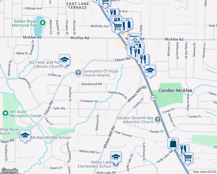 map of restaurants, bars, coffee shops, grocery stores, and more near 2190 Knoll Drive in Decatur