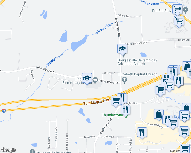 map of restaurants, bars, coffee shops, grocery stores, and more near 6293 John West Road in Douglasville