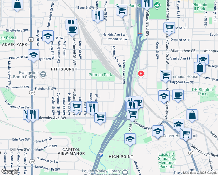 map of restaurants, bars, coffee shops, grocery stores, and more near 261 Fletcher Street Southwest in Atlanta