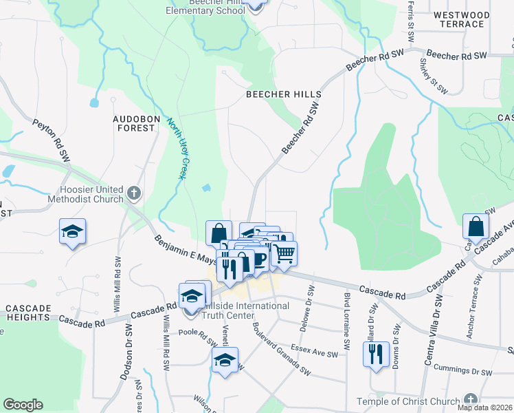 map of restaurants, bars, coffee shops, grocery stores, and more near 2326 Beecher Road Southwest in Atlanta