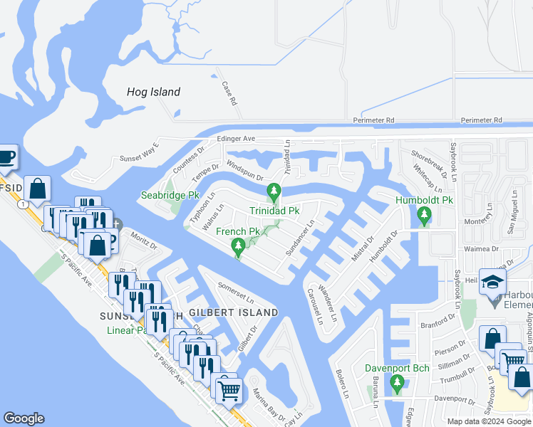 map of restaurants, bars, coffee shops, grocery stores, and more near 3581 Aquarius Drive in Huntington Beach