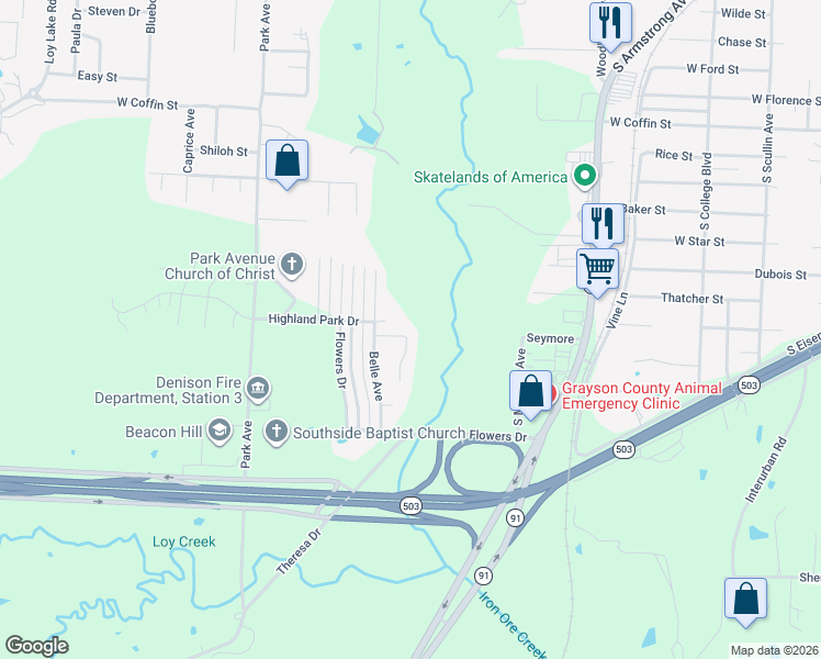 map of restaurants, bars, coffee shops, grocery stores, and more near 1811 Woodland Park Drive in Denison