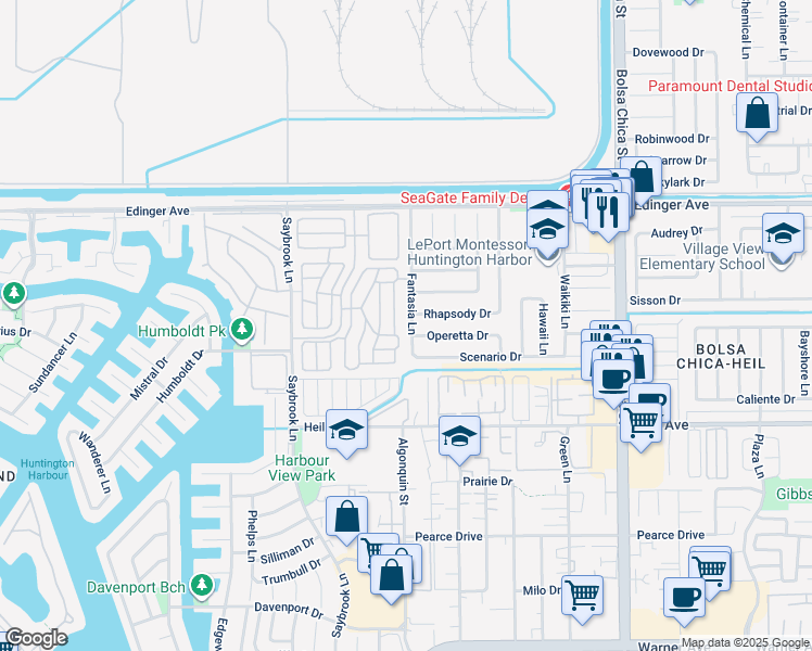 map of restaurants, bars, coffee shops, grocery stores, and more near 16241 Fantasia Lane in Huntington Beach