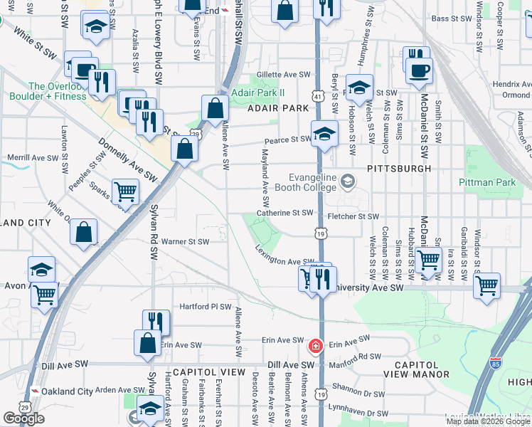 map of restaurants, bars, coffee shops, grocery stores, and more near 724 Catherine Street Southwest in Atlanta