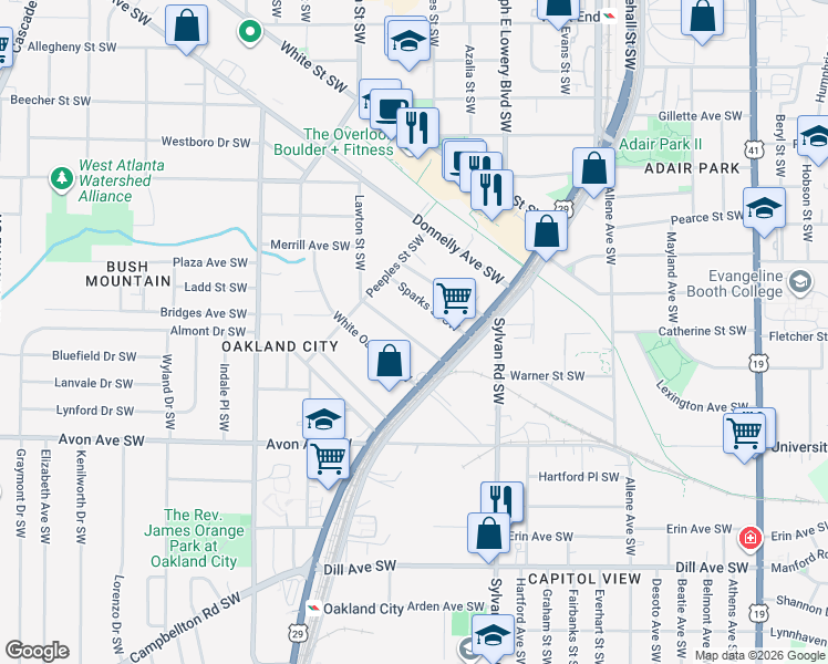 map of restaurants, bars, coffee shops, grocery stores, and more near 1025 Lawton Avenue Southwest in Atlanta