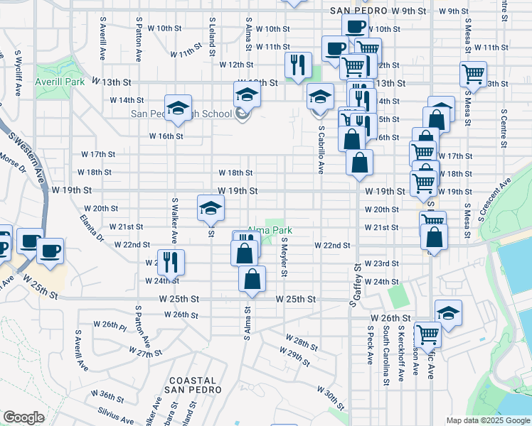 map of restaurants, bars, coffee shops, grocery stores, and more near 947 West 20th Street in Los Angeles