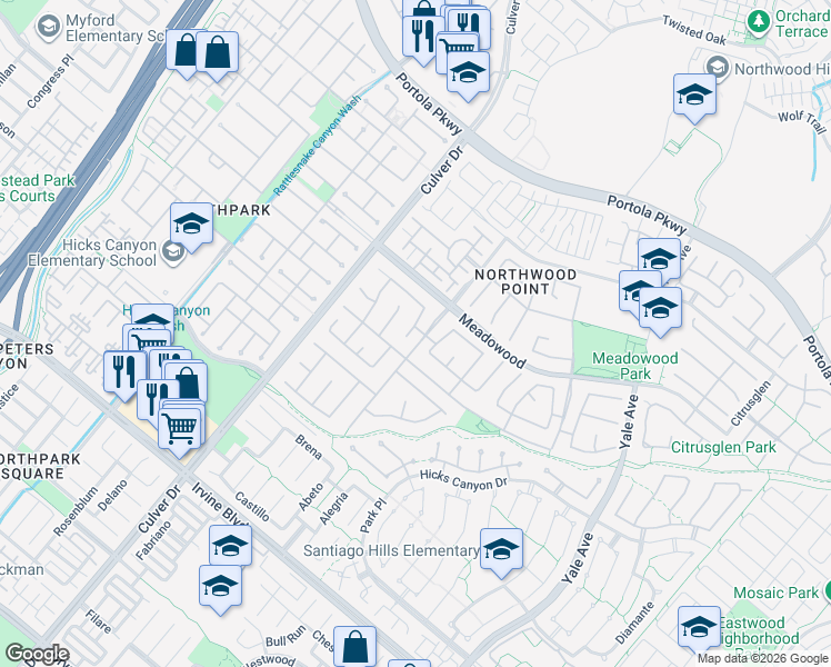map of restaurants, bars, coffee shops, grocery stores, and more near 8 Clear Creek in Irvine