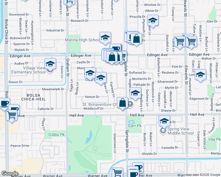 map of restaurants, bars, coffee shops, grocery stores, and more near 16271 Fairway Lane in Huntington Beach
