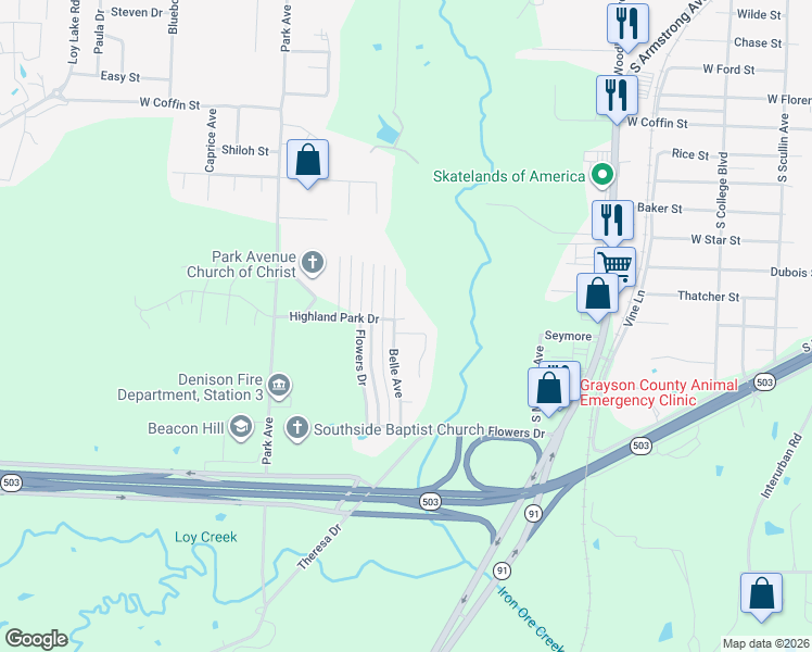 map of restaurants, bars, coffee shops, grocery stores, and more near 1803 Woodland Park Drive in Denison