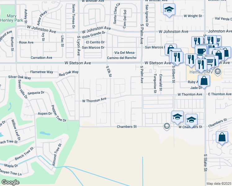 map of restaurants, bars, coffee shops, grocery stores, and more near 1272 Justice Place in Hemet