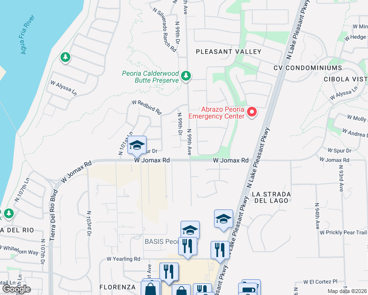 map of restaurants, bars, coffee shops, grocery stores, and more near 26717 North 99th Drive in Peoria