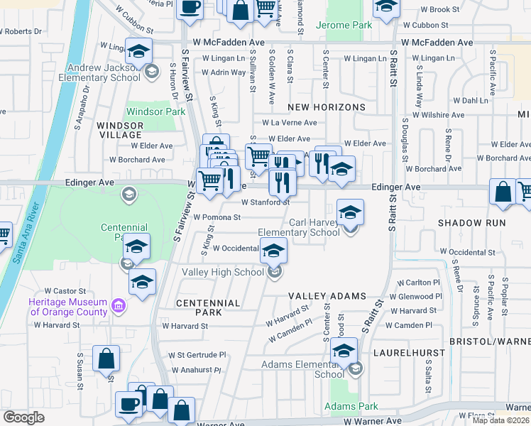 map of restaurants, bars, coffee shops, grocery stores, and more near 2405 West Pomona Street in Santa Ana
