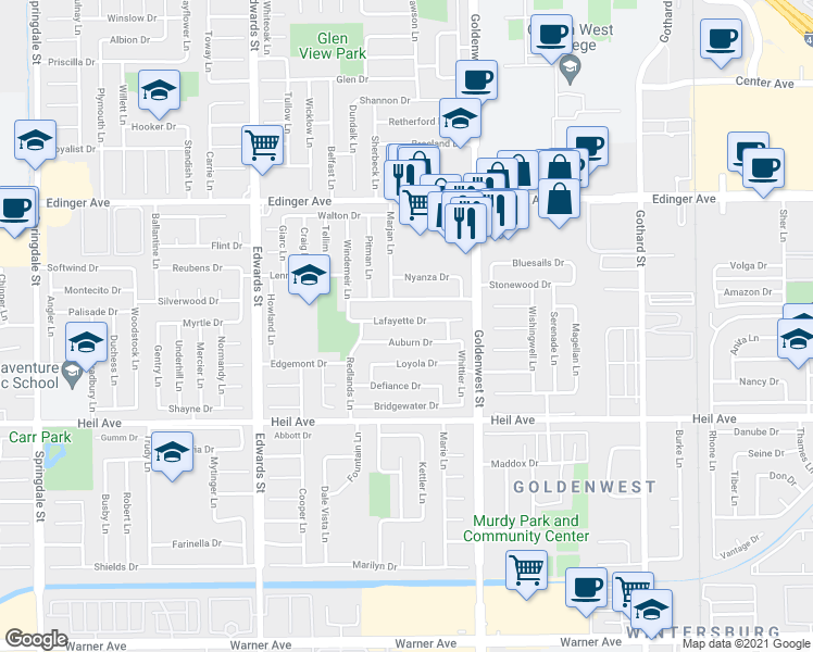 map of restaurants, bars, coffee shops, grocery stores, and more near 6832 Lafayette Drive in Huntington Beach