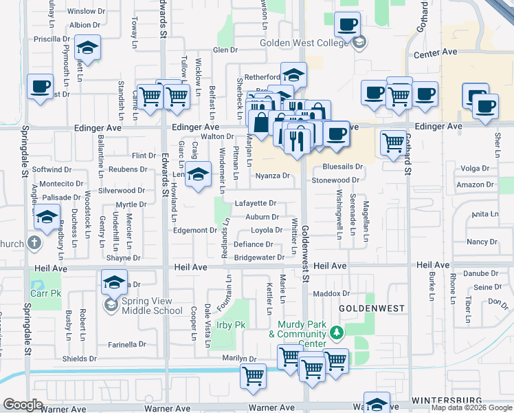 map of restaurants, bars, coffee shops, grocery stores, and more near 6832 Lafayette Drive in Huntington Beach