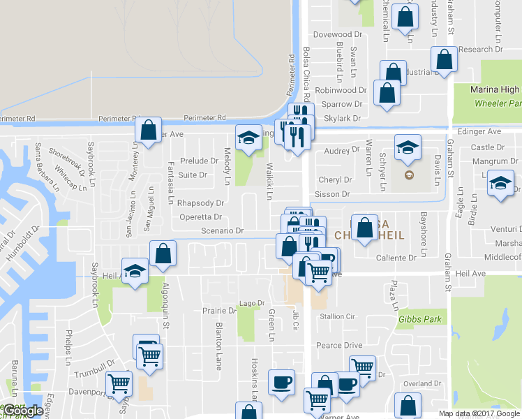 map of restaurants, bars, coffee shops, grocery stores, and more near 16251 Waikiki Lane in Huntington Beach