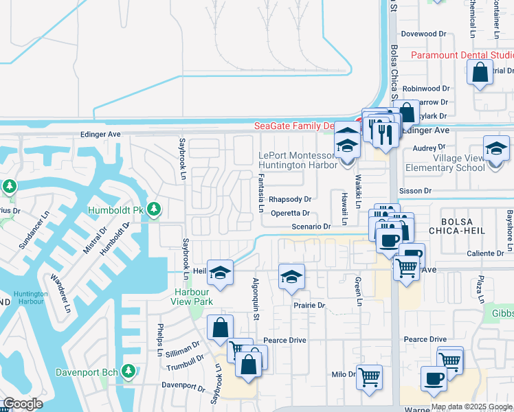 map of restaurants, bars, coffee shops, grocery stores, and more near 16241 Fantasia Lane in Huntington Beach