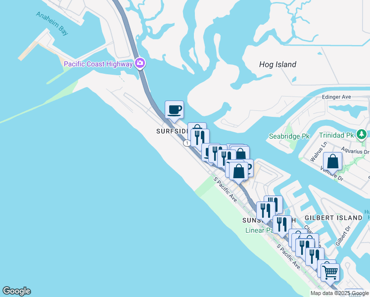 map of restaurants, bars, coffee shops, grocery stores, and more near 44A Surfside Avenue in Huntington Beach