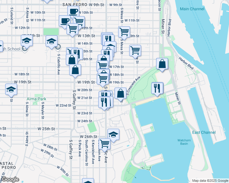 map of restaurants, bars, coffee shops, grocery stores, and more near 447 West 20th Street in Los Angeles