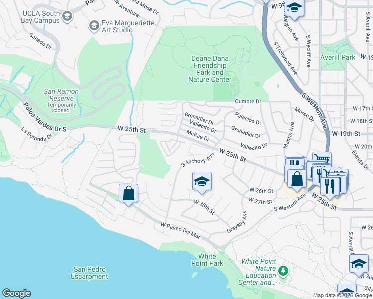 map of restaurants, bars, coffee shops, grocery stores, and more near 2161 West 25th Street in Los Angeles