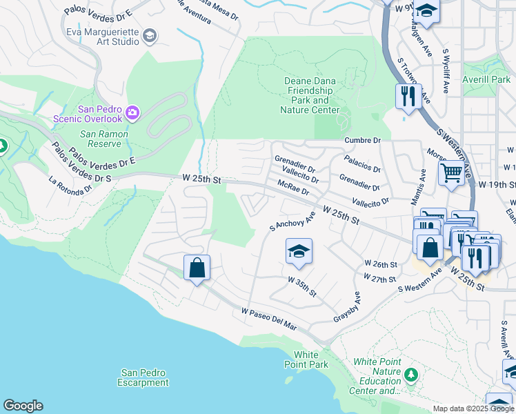 map of restaurants, bars, coffee shops, grocery stores, and more near 2201 West 25th Street in Los Angeles