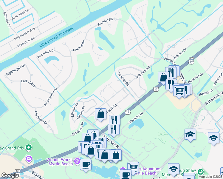map of restaurants, bars, coffee shops, grocery stores, and more near 2-1 Shorewood Drive in Myrtle Beach