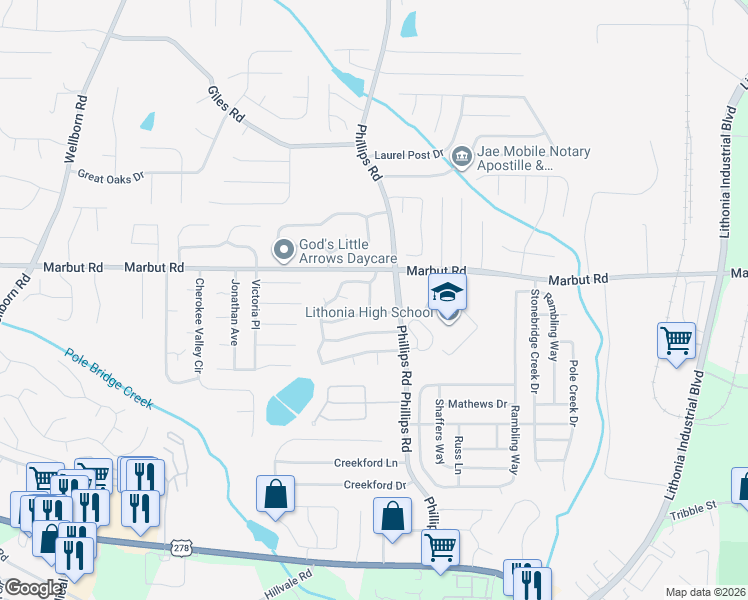 map of restaurants, bars, coffee shops, grocery stores, and more near 2201 Phillips Road in Lithonia