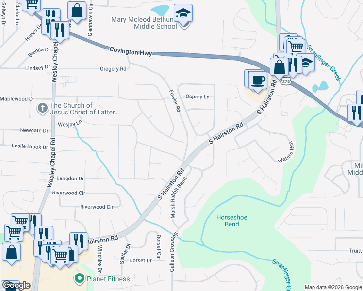 map of restaurants, bars, coffee shops, grocery stores, and more near 4579 Tudor Castle Drive in Decatur
