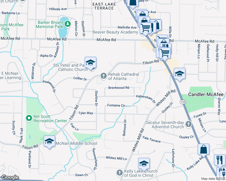 map of restaurants, bars, coffee shops, grocery stores, and more near 2485 Brentwood Road in Decatur