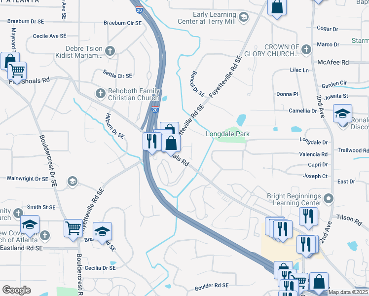 map of restaurants, bars, coffee shops, grocery stores, and more near 1008 Fayetteville Road Southeast in Atlanta