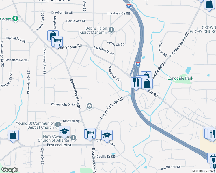 map of restaurants, bars, coffee shops, grocery stores, and more near 1115 Leah Lane Southeast in Atlanta