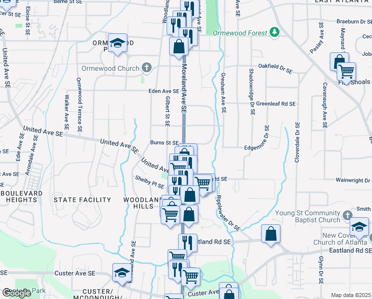 map of restaurants, bars, coffee shops, grocery stores, and more near 1191 Beechview Drive Southeast in Atlanta