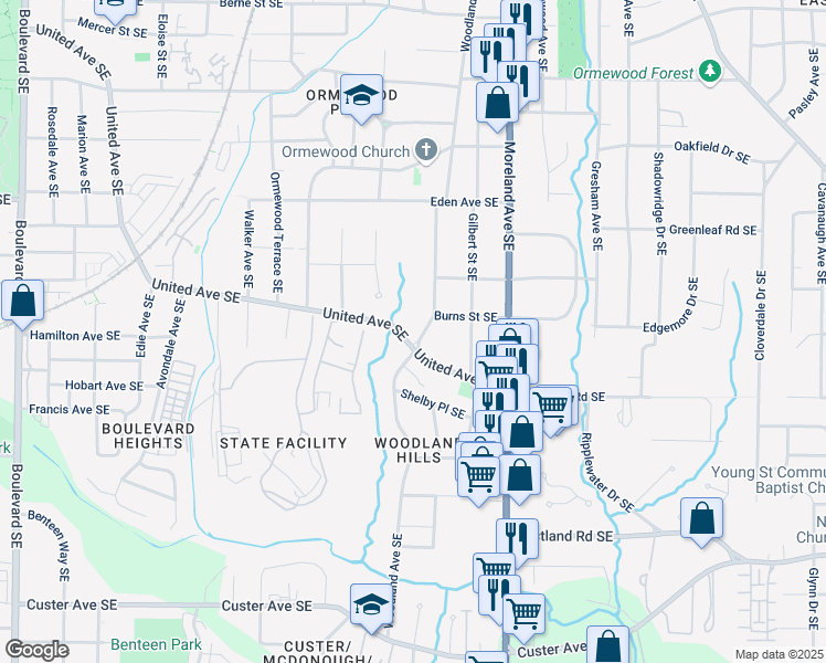map of restaurants, bars, coffee shops, grocery stores, and more near 1055 Woodland Avenue Southeast in Atlanta