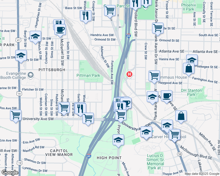 map of restaurants, bars, coffee shops, grocery stores, and more near 1057 Fortress Avenue Southwest in Atlanta