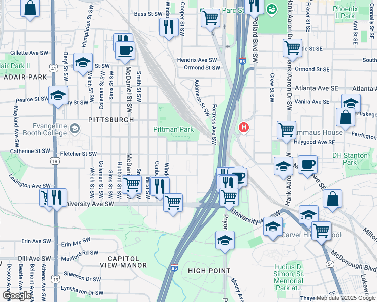 map of restaurants, bars, coffee shops, grocery stores, and more near 261 Fletcher Street Southwest in Atlanta