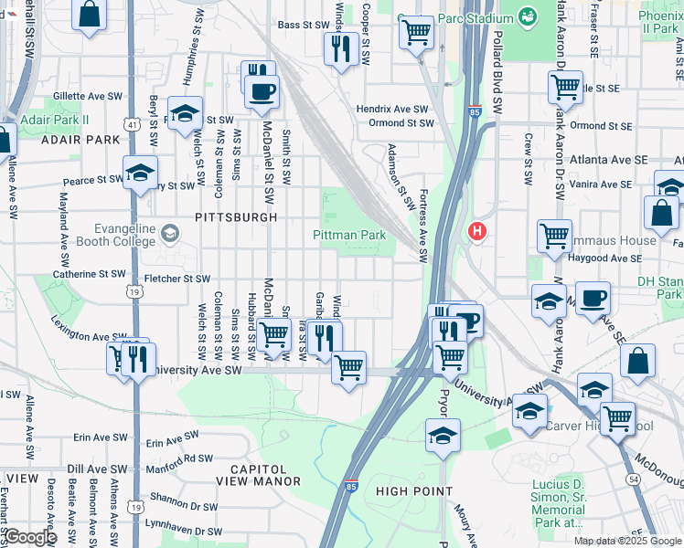 map of restaurants, bars, coffee shops, grocery stores, and more near 309 Fletcher Street Southwest in Atlanta