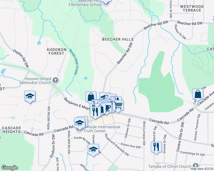 map of restaurants, bars, coffee shops, grocery stores, and more near 2326 Beecher Road Southwest in Atlanta