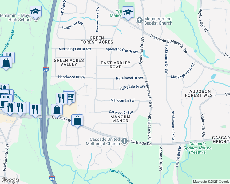 map of restaurants, bars, coffee shops, grocery stores, and more near 3216 Valleydale Drive Southwest in Atlanta