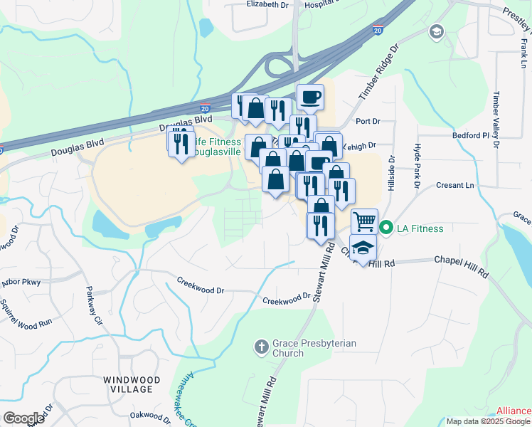 map of restaurants, bars, coffee shops, grocery stores, and more near 2105 Stillhaven Place in Douglasville