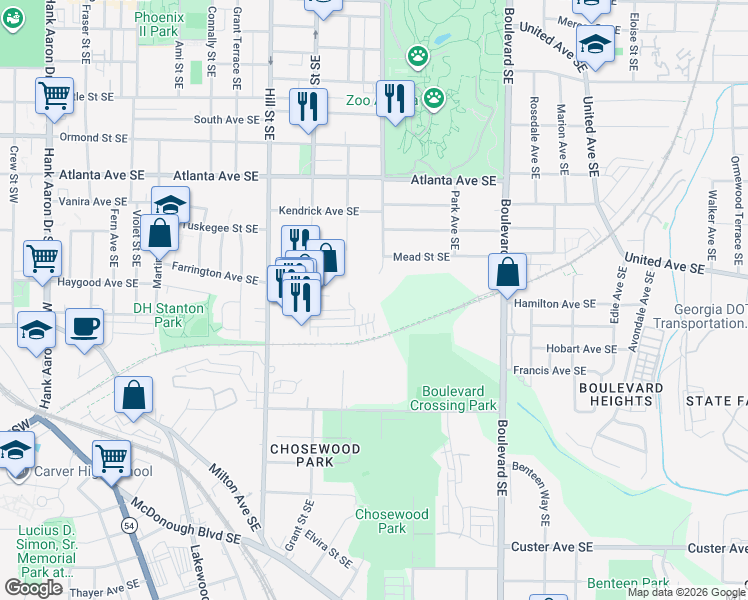 map of restaurants, bars, coffee shops, grocery stores, and more near 400 Grant Circle Southeast in Atlanta