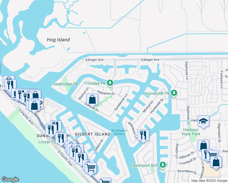 map of restaurants, bars, coffee shops, grocery stores, and more near 3651 Aquarius Drive in Huntington Beach