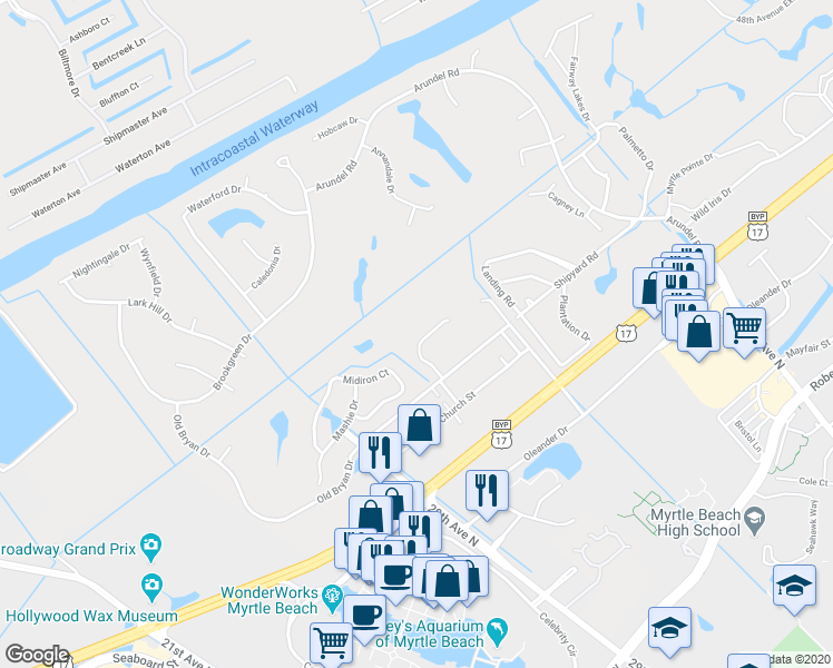 map of restaurants, bars, coffee shops, grocery stores, and more near 17-A Shorewood Drive in Myrtle Beach